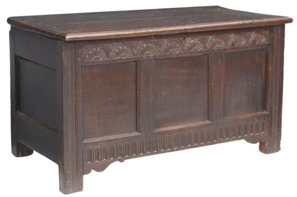 ENGLISH CARVED OAK STORAGE TRUNK,