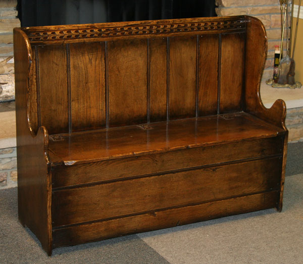 English carved wooden settle/ bench