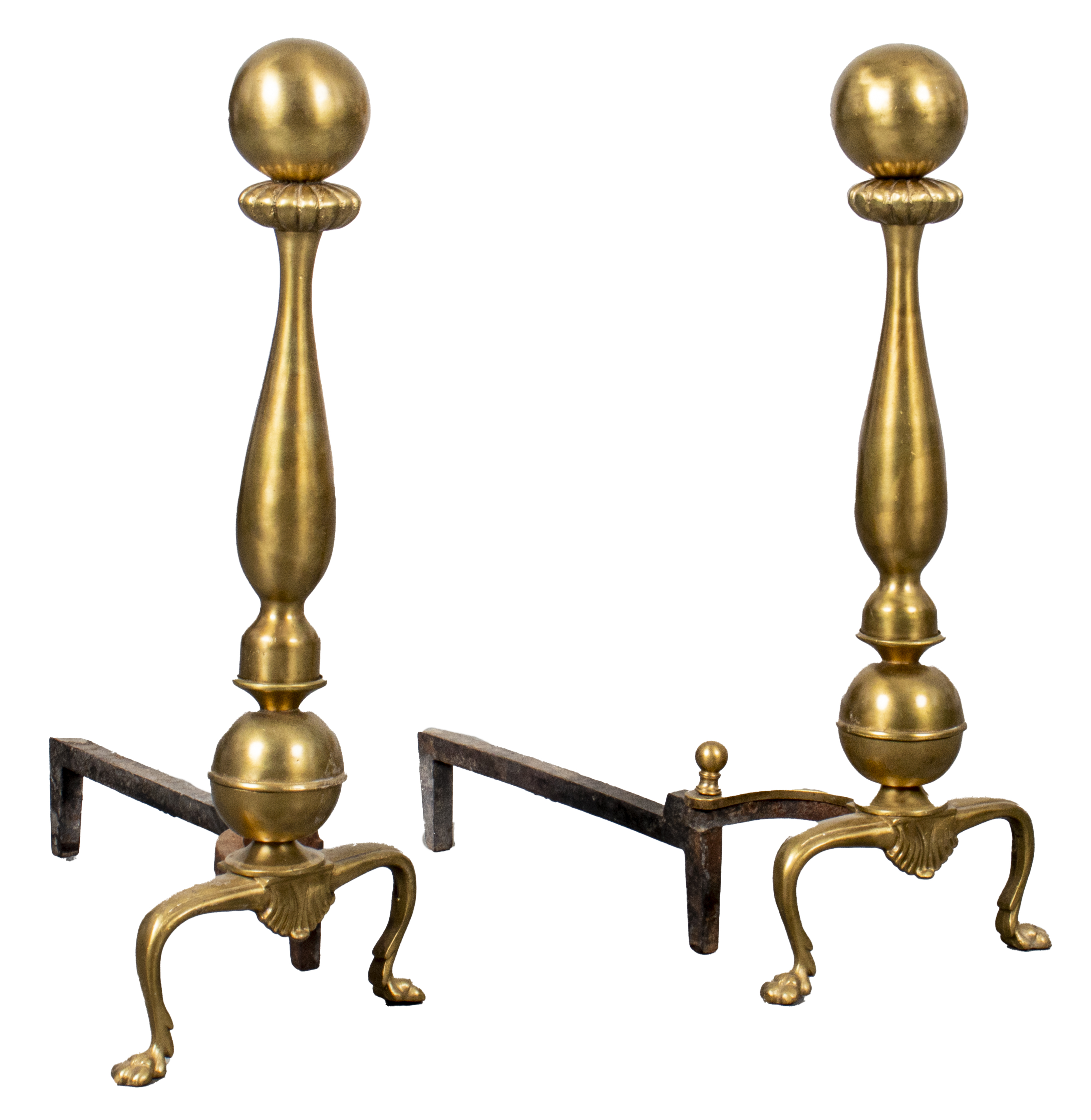 ENGLISH CHIPPENDALE BRASS ANDIRONS,
