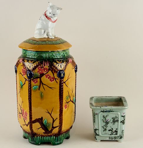 ENGLISH COVERED MAJOLICA VASE AND A