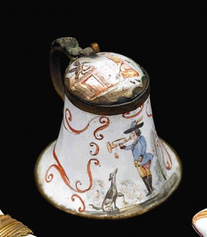 English enamel tankard shaped box