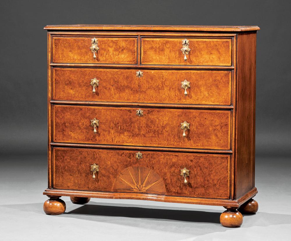 ENGLISH INLAID BURL WALNUT CHEST OF