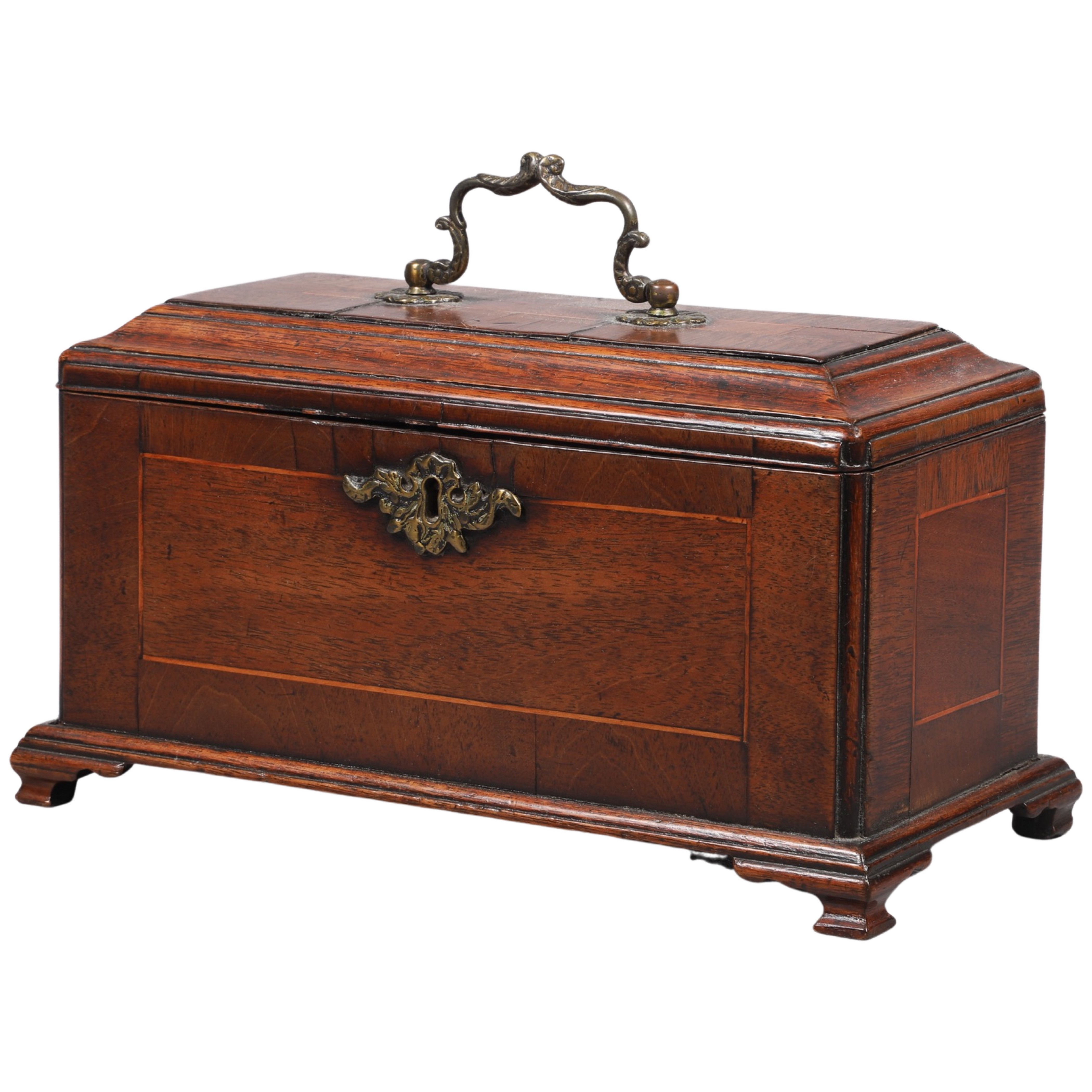 English inlaid walnut tea caddy, on