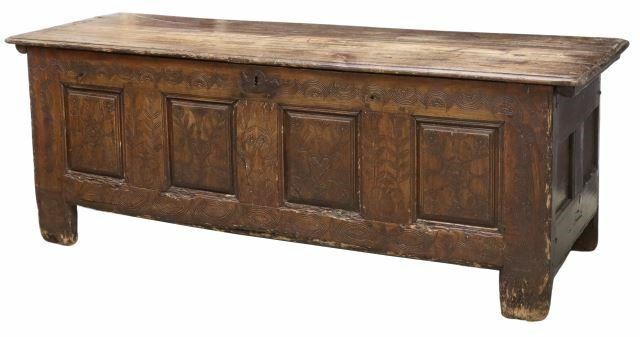 ENGLISH JACOBEAN CARVED OAK COFFER,