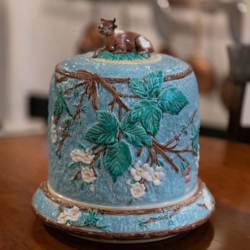 ENGLISH MAJOLICA CHEESE KEEPER,