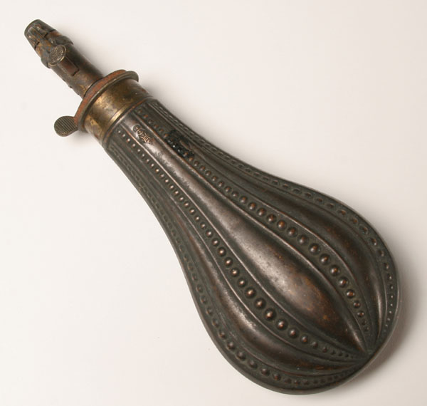 English metal powder horn; embossed