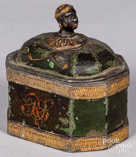 ENGLISH PAINTED PEWTER TEA CADDY,