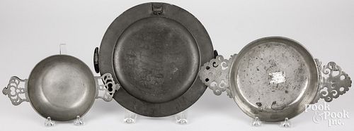ENGLISH PEWTER WARMING DISH AND TWO