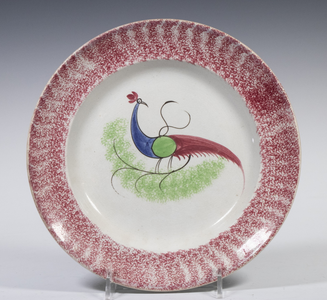 ENGLISH RED SPATTERWARE PEAFOWL