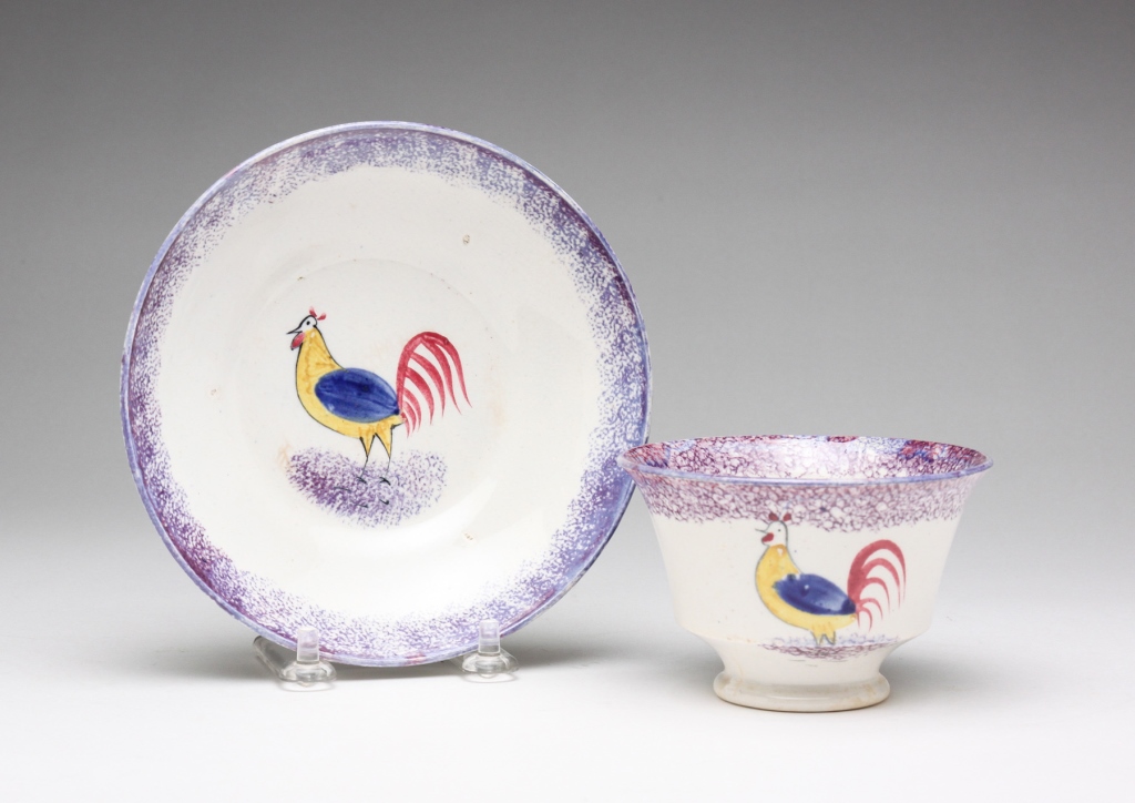 ENGLISH ROOSTER SPATTERWARE CUP AND