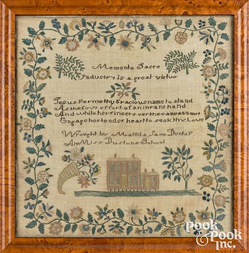 ENGLISH SILK ON LINEN SAMPLER, 19TH