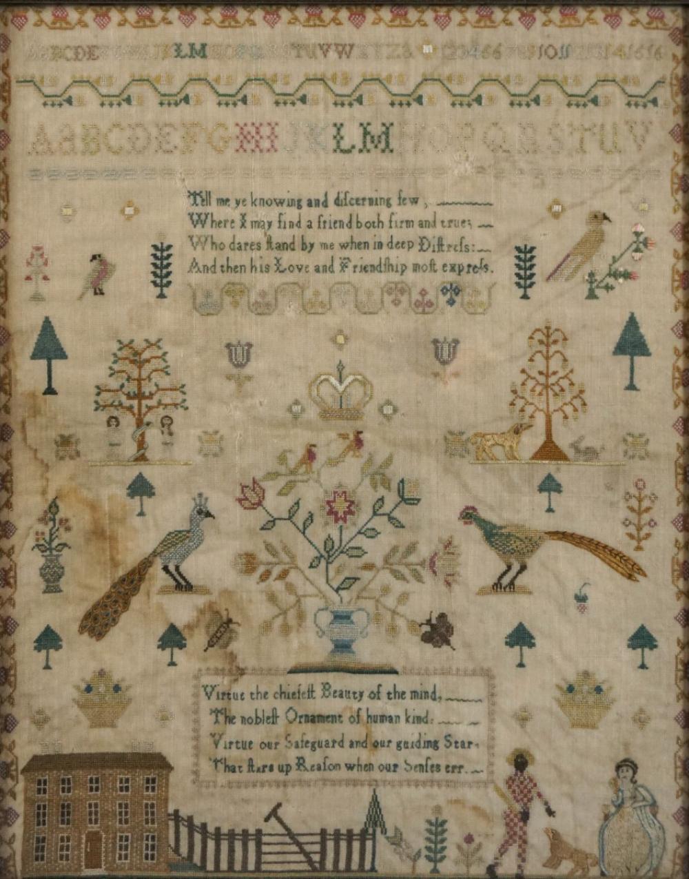ENGLISH SILK ON LINEN SAMPLER, 19TH
