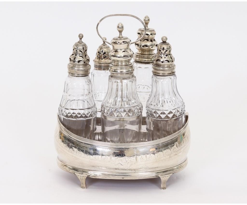 English silver cruet set with