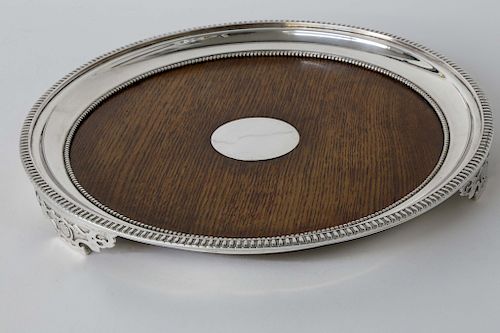 ENGLISH SILVER PLATE AND OAK FOOTED