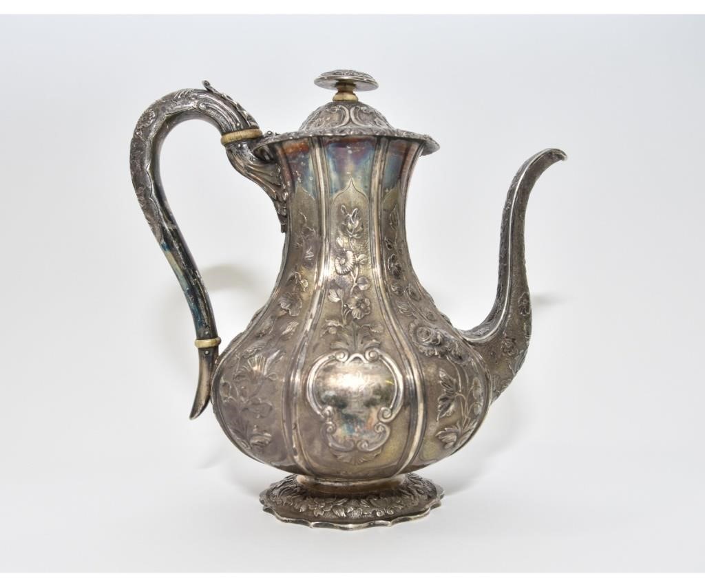 English silver repousse' coffee pot