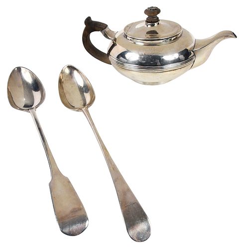 ENGLISH SILVER TEAPOT AND TWO