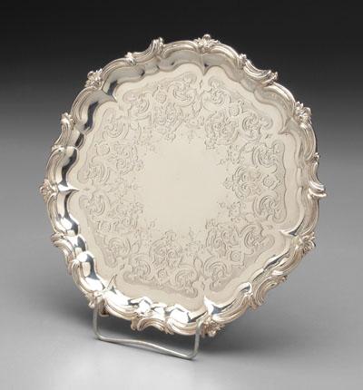 English silver tray, scroll feet,