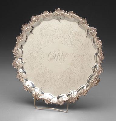 English silver tray, shell and
