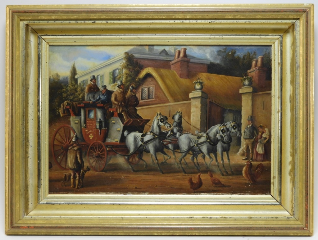 ENGLISH STAGECOACH STREET SCENE OIL