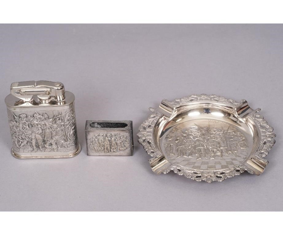 English three-piece repoussé silver
