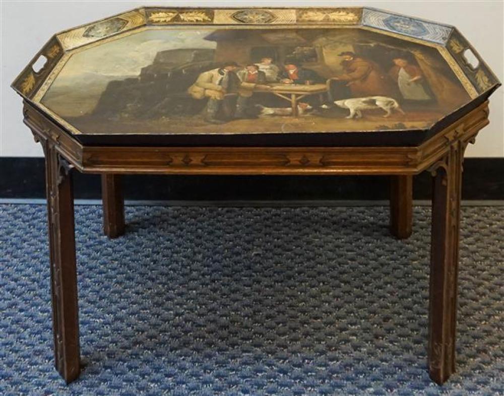 ENGLISH TOLE DECORATED TRAY ON A