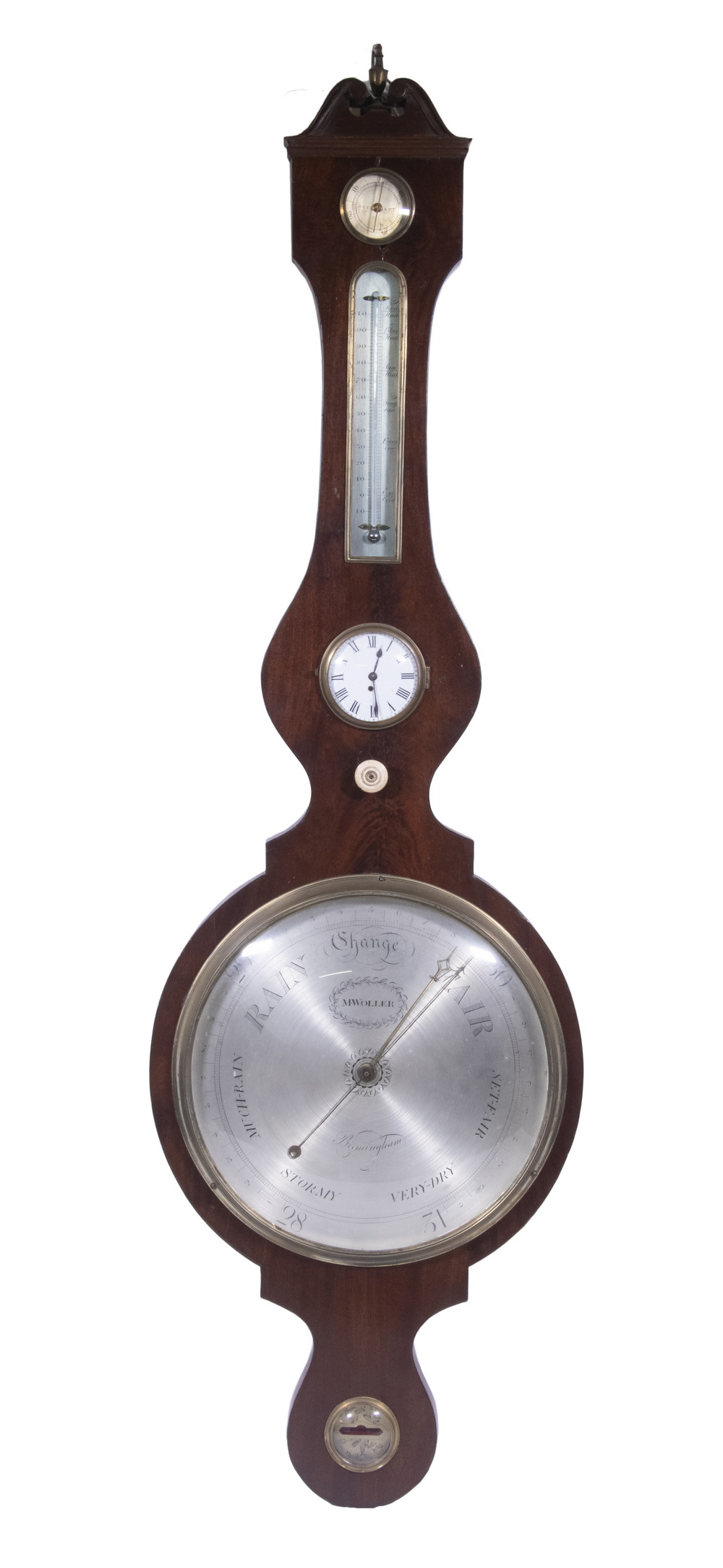 ENGLISH WHEEL BAROMETER WITH CLOCK,