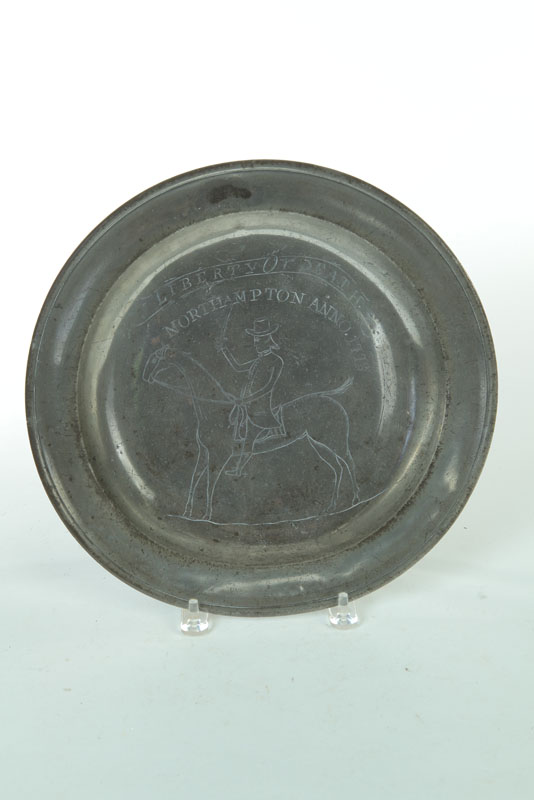ENGRAVED PEWTER CHARGER.  Partial