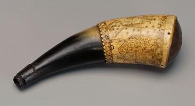 Engraved powder horn, extensive