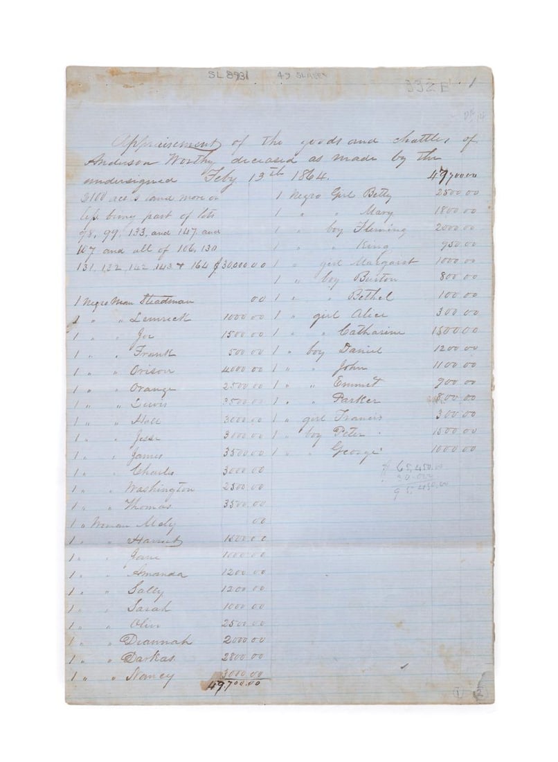 ESTATE APPRAISAL LISTING 49 SLAVES,