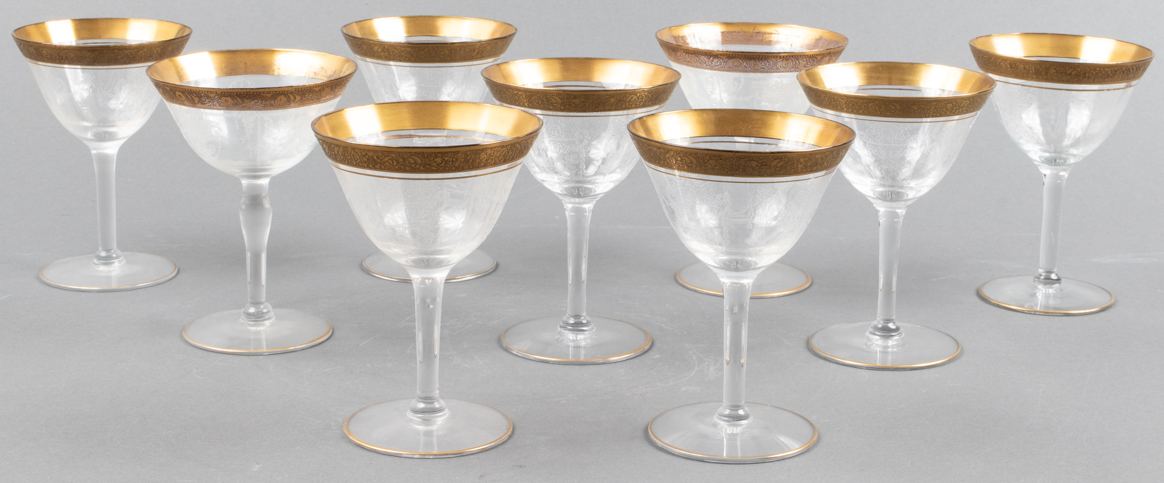 ETCHED AND GILT CHAMPAGNE STEMWARE,