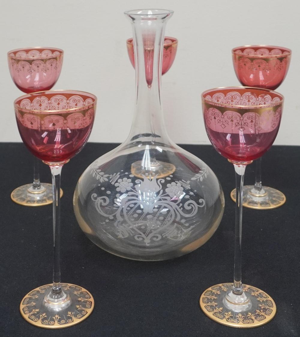 ETCHED GLASS DECANTER AND FIVE