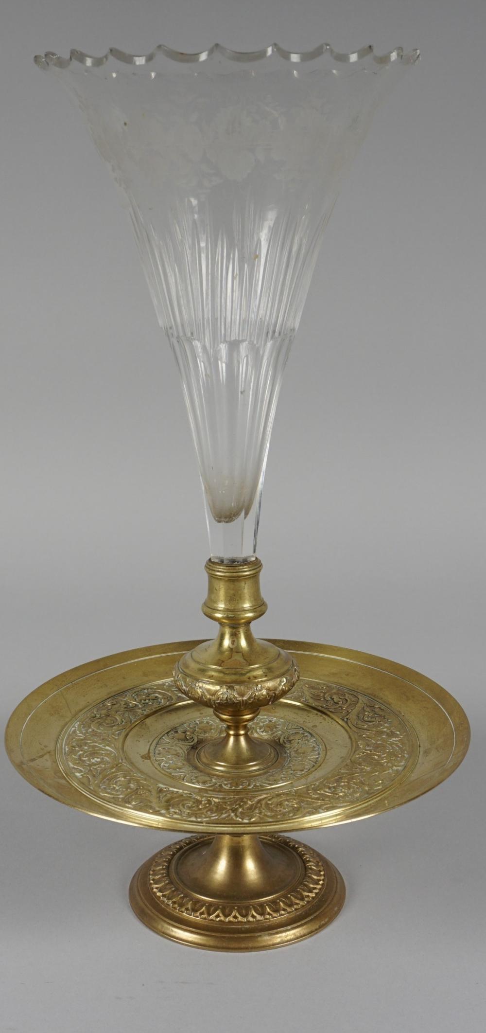 ETCHED GLASS FLOWER VASE ON BRASS