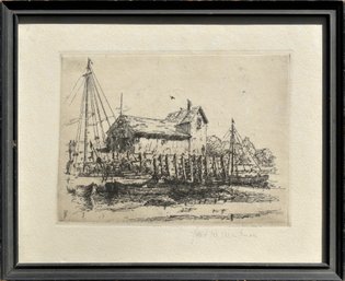 Etching of boats in a harbor with