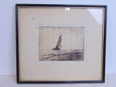 ETCHING, SAILBOAT AT SEA, SIGN