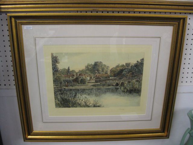 Etching ''Sonning'' village scene