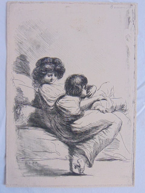 ETCHING, WOMAN & YOUNG BOY,