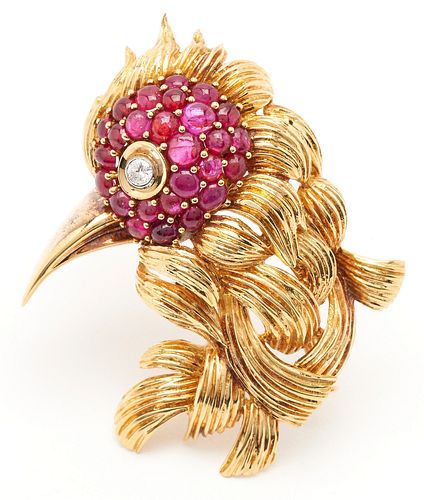 EUROPEAN 18K RUBY & DIAMOND BIRD