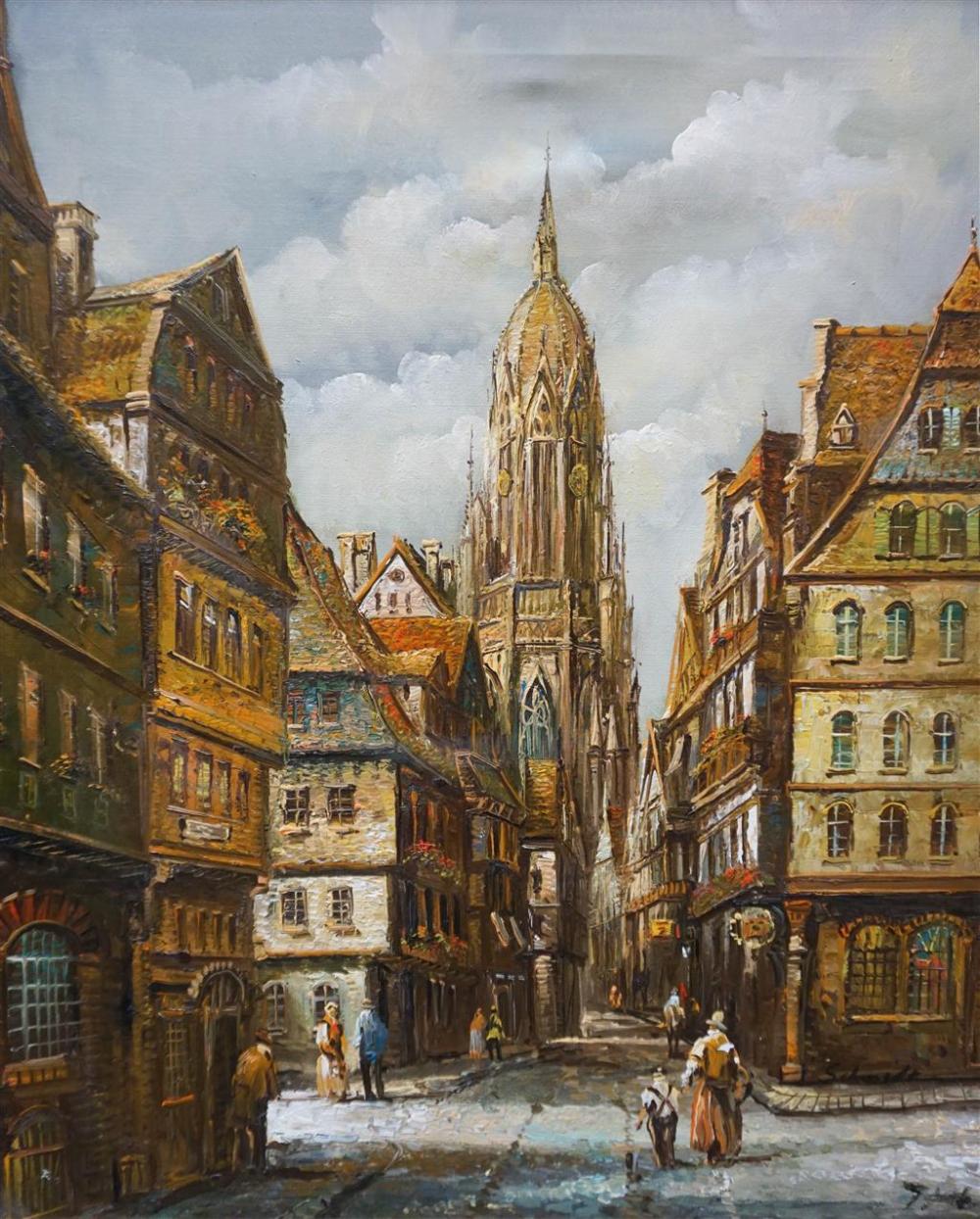 EUROPEAN CITY SCENE, OIL ON CANVAS,