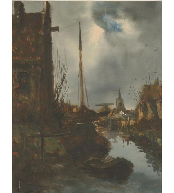 European harbor scene with overcast