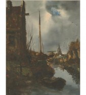European harbor scene with ove