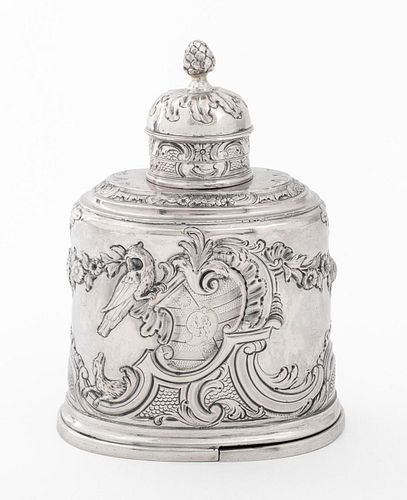 EUROPEAN OVAL SILVER TEA CADDY,