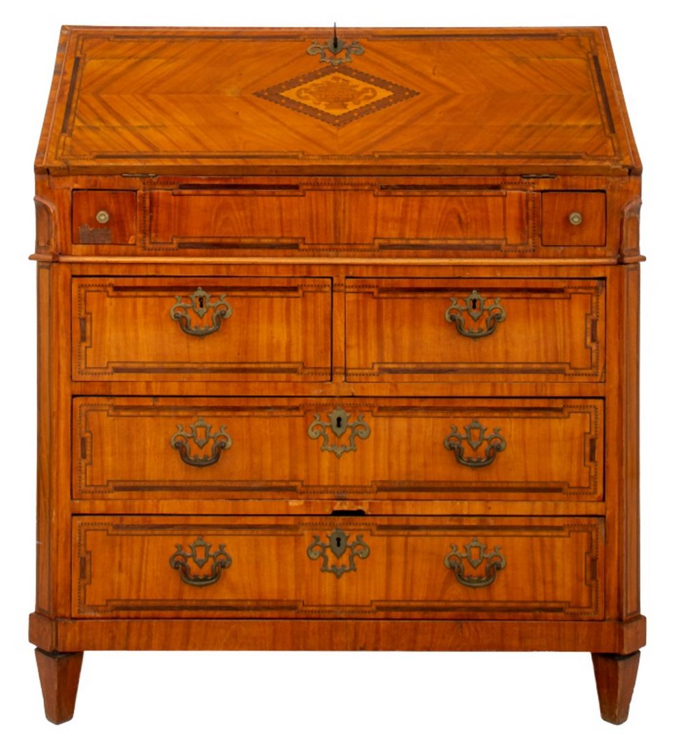 EUROPEAN PARQUETRY DROP FRONT DESK,