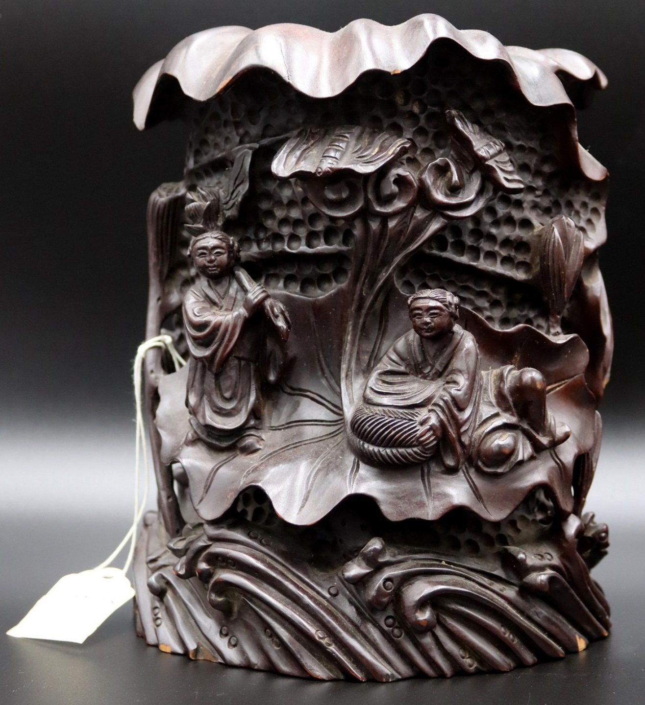 EX-CHRISTIES CARVED WOOD BRUSH POT.