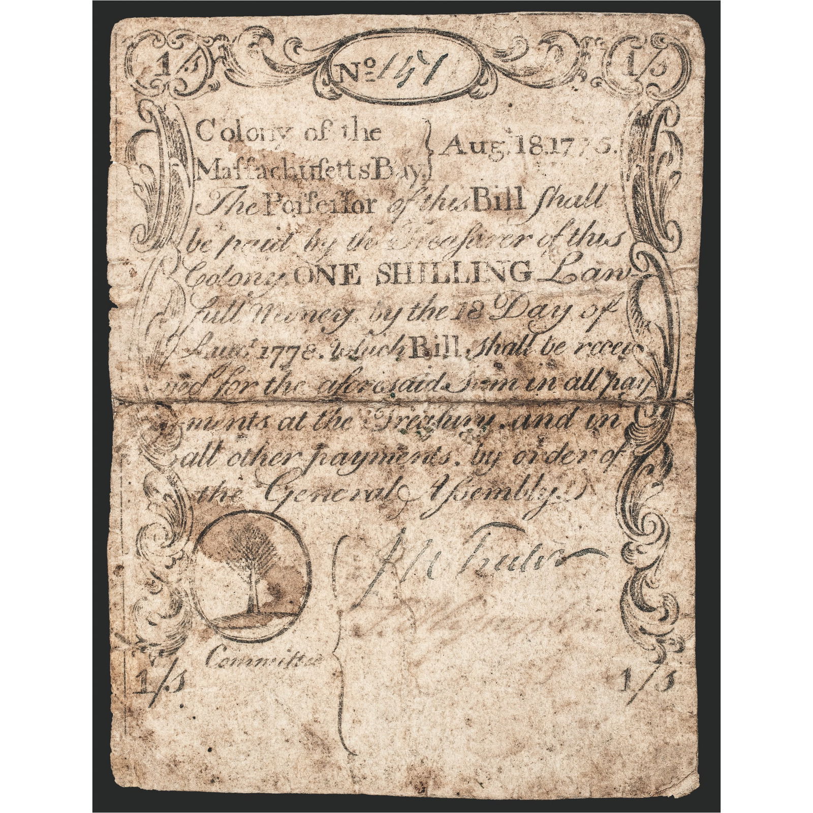 EXCEEDINGLY RARE ONE SHILLING MA.