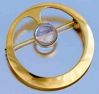 Signed Hans Hansen Modernist Gold and Moonstone Brooch