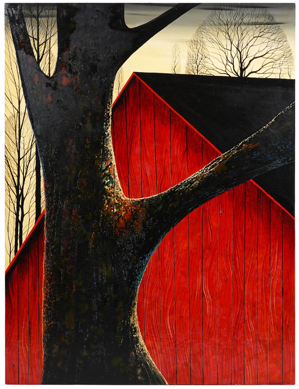 EYVIND EARLE 'THIS OLD BARN' OIL ON