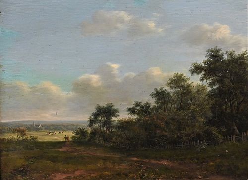 FARM LANDSCAPE WITH FIGURES AND A