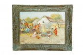 FARMYARD WITH WOMEN AND FOWL (