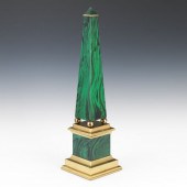 FAUX MALACHITE AND BRASS OBELI