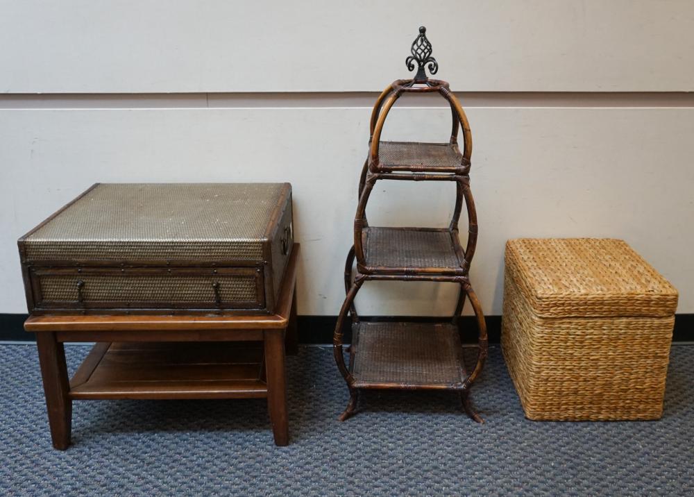 FAUX RATTAN ETAGERE, WICKER STORAGE